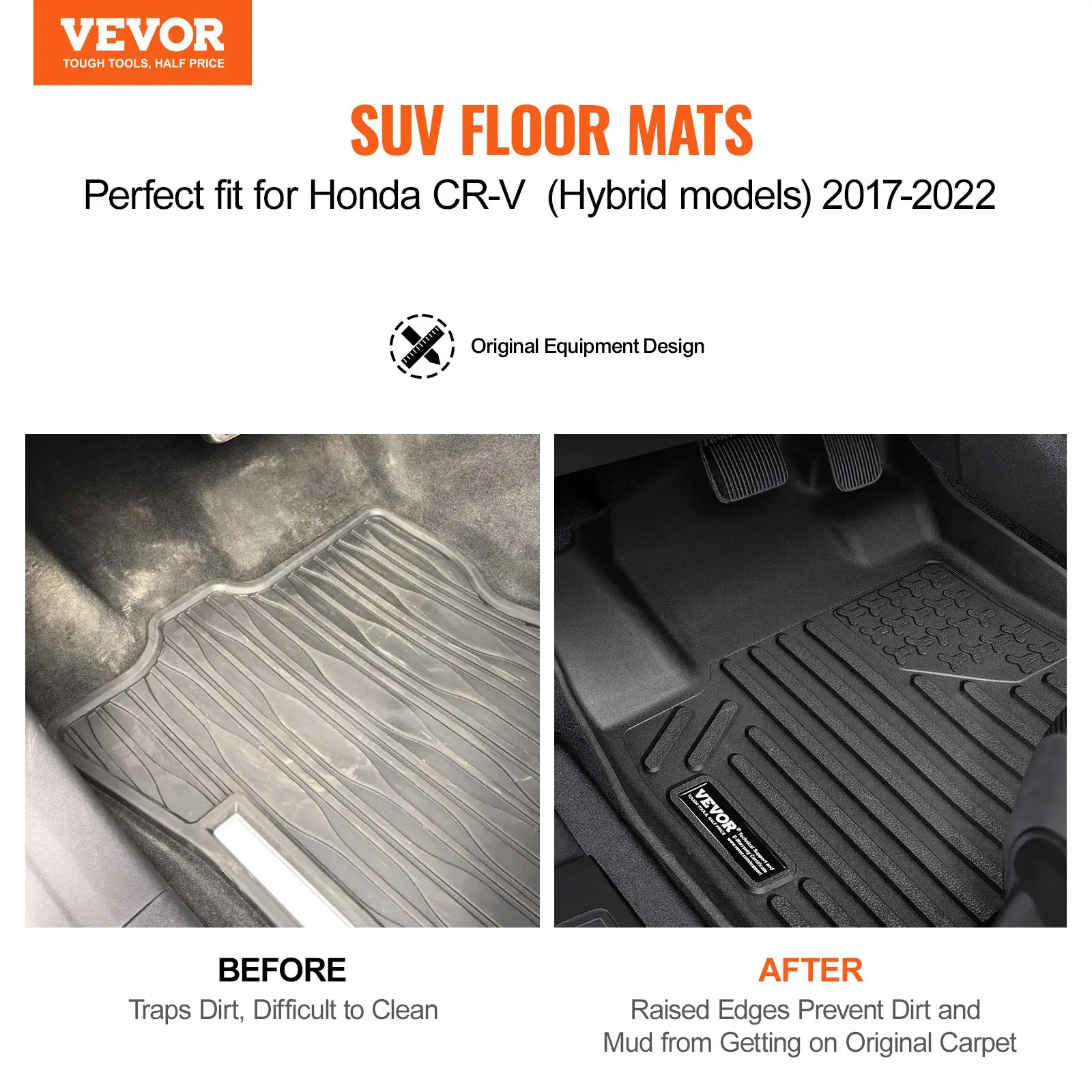 【Black Friday】VEVOR Automotive Floor Mats, Fits for Honda CR-V (Hybrid Models) 2017-2022, 3 pcs Front and 2nd Row Liners, All Weather Custom Fit TPE Vehicle Floor Mats, Easy to Clean Floor Liners for SUV, Black