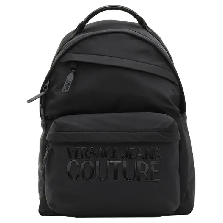 Versace Jeans Couture Solid Black Polyester Backpack for Men with Rubberized Logo