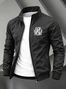 Men's Stand Collar Zip Up Lightweight Windbreaker Jacket, Layered "GOD HAS A PLAN" Letter Front Print Christian Faith Casual Street Outerwear, Rib Cuff Daily Windproof Coat #GodHasAPlanJacket #ChristianStreetwear #FaithPrintOuterwear #ZipUpWindbreaker #Ti