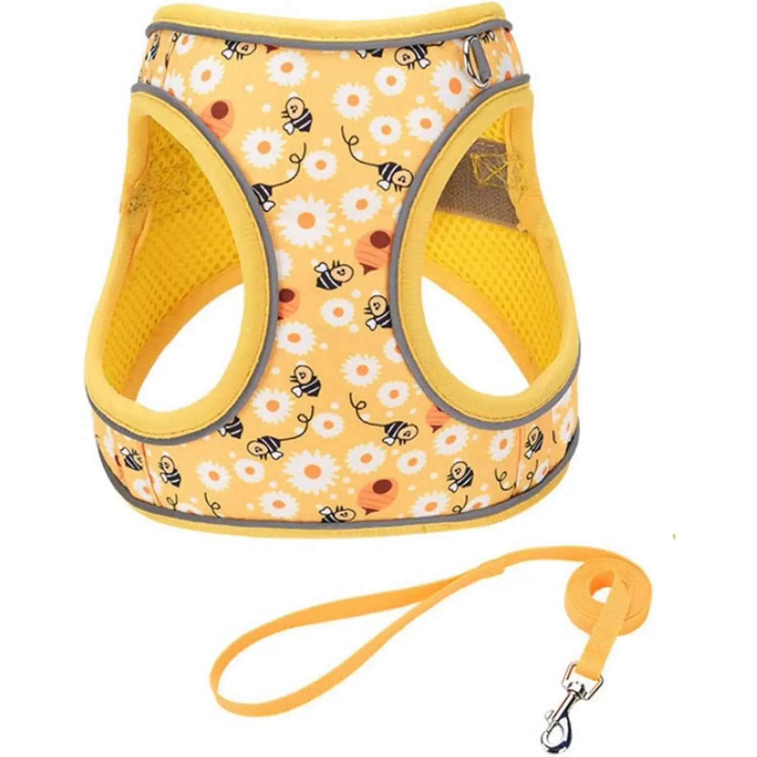 XXS Yellow Flower Pattern Dog Harness and Leash Set,No Escape Harnesses for Training Walking，Breathable Adjustable Puppy Vest for Small Medium Dogs, Cats (Yellow, XXS)