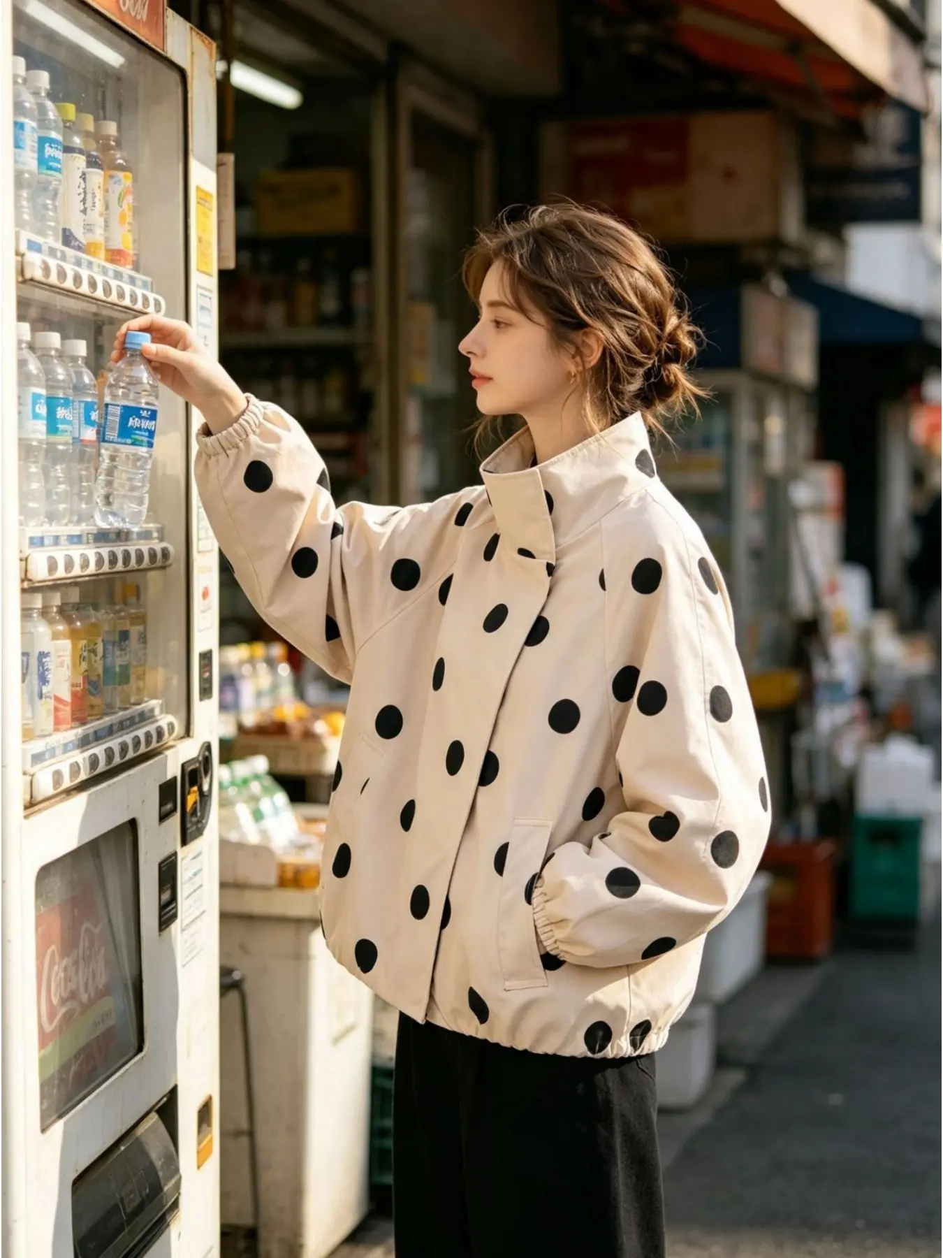 1 piece, women's minimalist long-sleeve stand-collar polka-dot chic bomber jacket—short outerwear; available in white, black, dark brown, and pink. Polka Dot Jackets