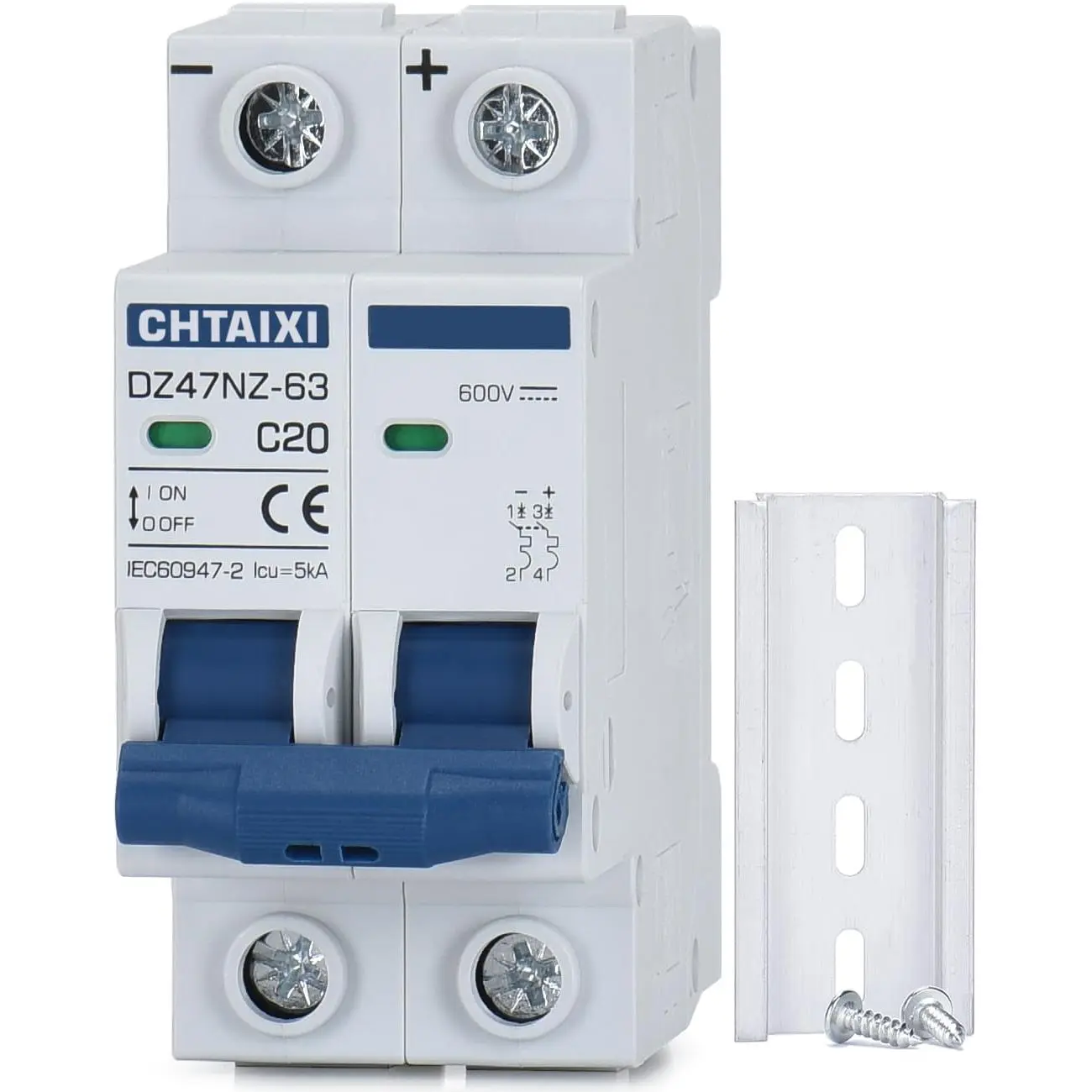 DC Miniature Circuit Breaker, 2 Pole 600V 20 Amp Isolator for Solar PV System, Thermal Magnetic Trip, DIN Rail Mount DC Disconnect Switch C20