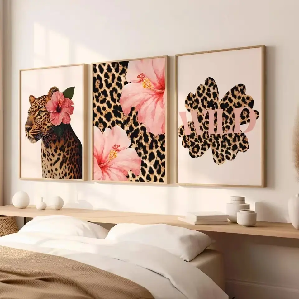 3pcs Fashionable Y2K Leopard Print Hibiscus Flower Pink Cheetah Canvas Print Frameless Poster Retro Tropical Hawaiian Aloha Animal Art Hanging Painting Home Decoration