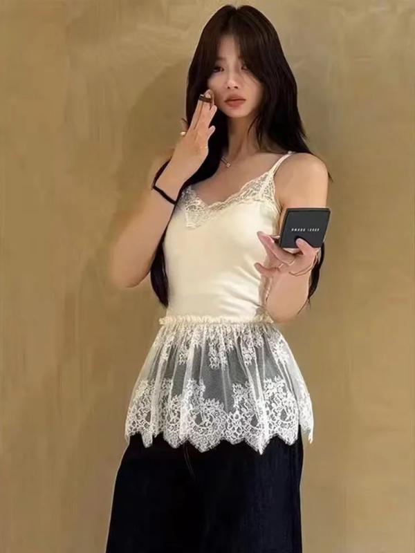 Aria Muse Korean Style Sexy Lace Sleeveless Crop Cami Top Women 2026 Summer Mesh Layer Tank Top Y2K Clothes Ruched Skinny Backless T-shirt