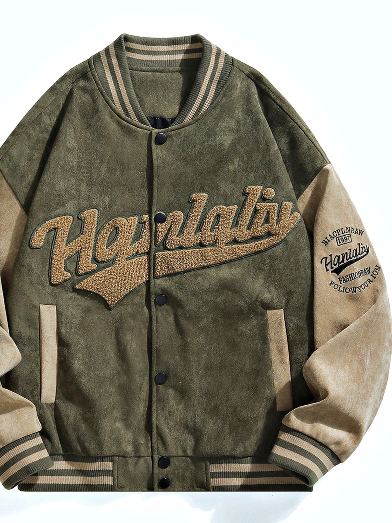 Men's Patchwork Letter Embroidery Button Front Vintage Varsity Jacket, Casual Drop Shoulder Long Sleeve Baseball Collar Outerwear for Fall & Winter, Men's Clothes for Daily Wear