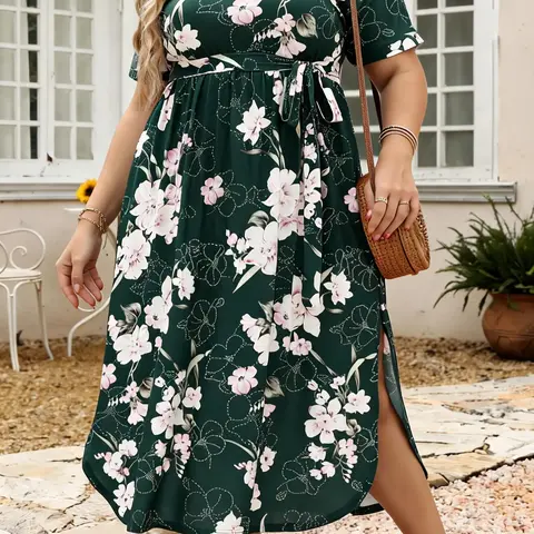 【Plus Size】 Floral Print Belted Split A Line Dress, Summer Clothes Women, Boho Bohemian Boho Styles Fitted Short Sleeve Round Neck Casual Dress for Beach Vacation Holiday, Women's Plus Size Clothes for Summer, Boho Style Dresses