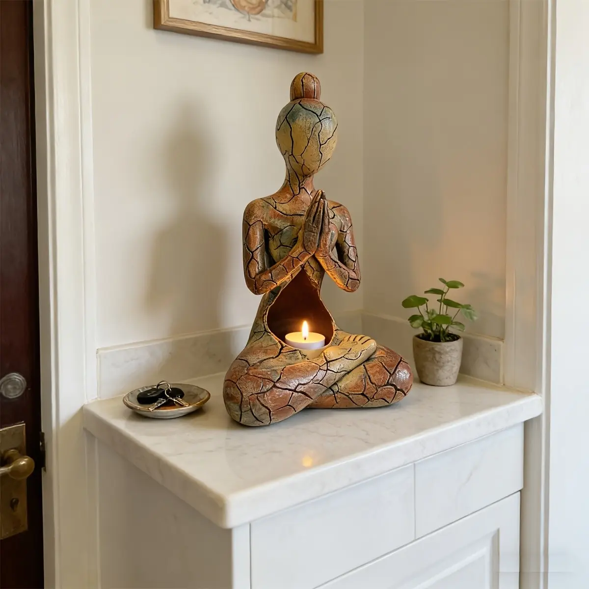 Zen Cracked Yoga Lady Candle Holder Statue, Praying Meditation Woman Resin Figurine, Spiritual Boho Table Decor, Yoga Studio Home Gift, Ornament Candle Holders