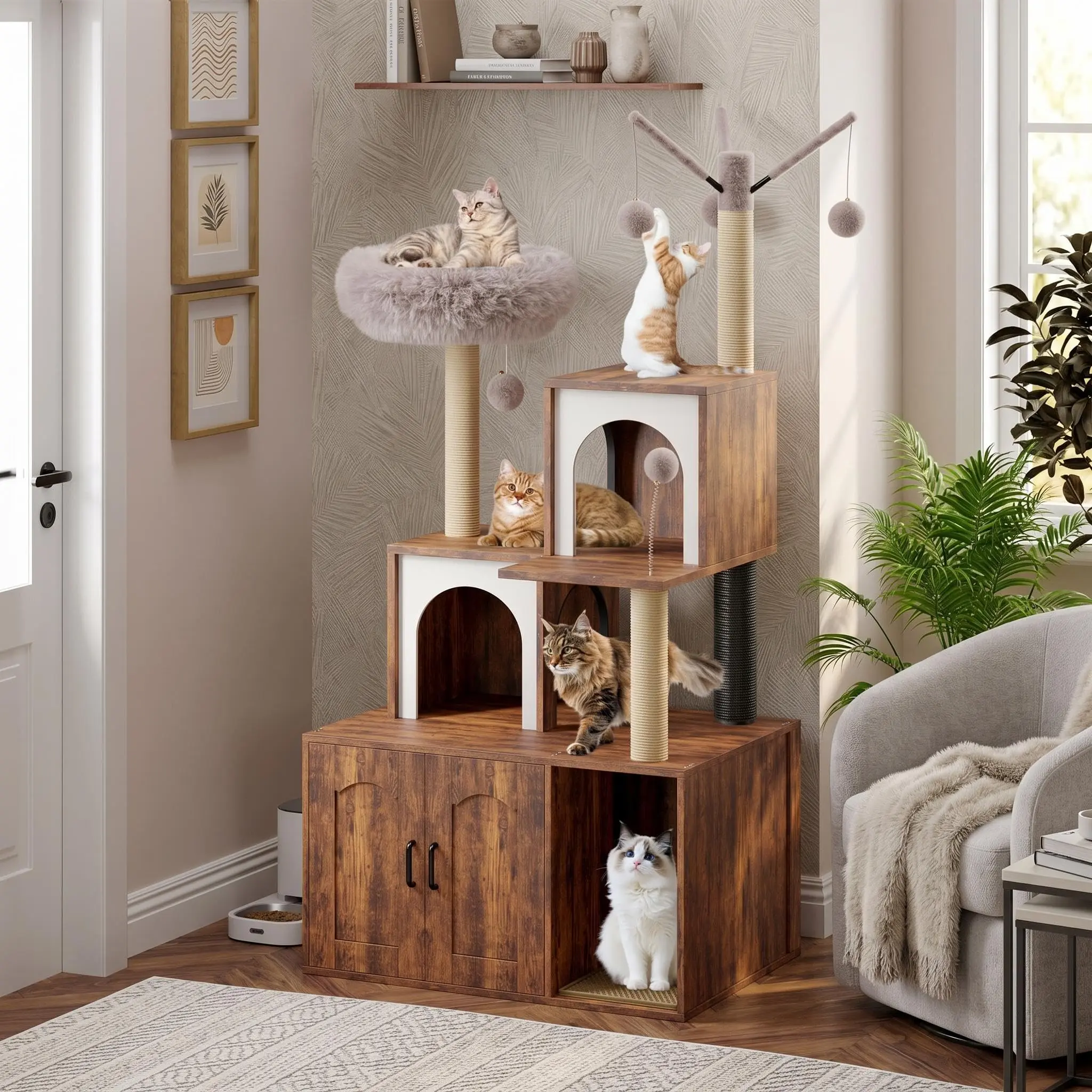 All-in-1 Cat Tree for Small Spaces - Hidden Litter Box Cabinet, Plush Perch, Sisal Scratching Post, Wooden Cat Condo (Pet Furniture)