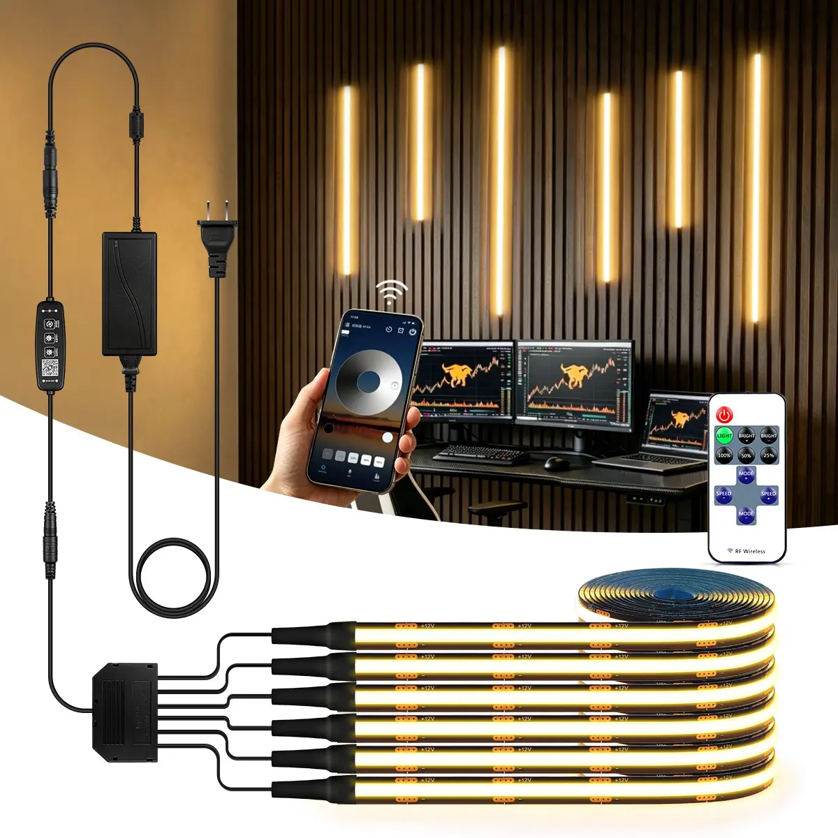 2M Smart COB LED Strip Lights US Plug, Bluetooth App & Remote Control, Dimmable Backlight for TV, Cabinets, Bookshelves & Wall Decor, Led Interior Strips