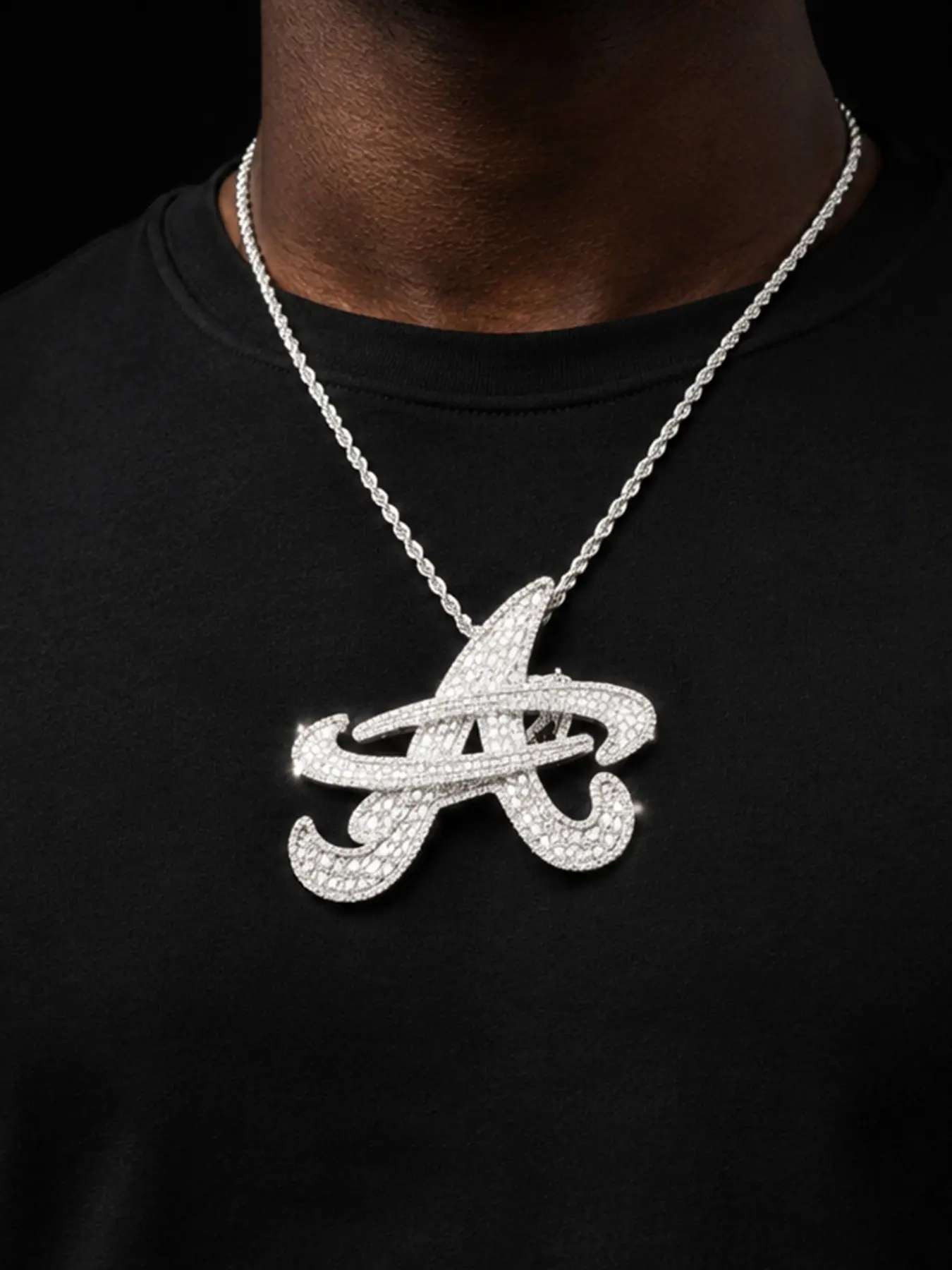 Iced Out Initial Letter A Necklace Pendant for Men Silver Plated 5A Cubic Zirconia Hip Hop Jewelry
