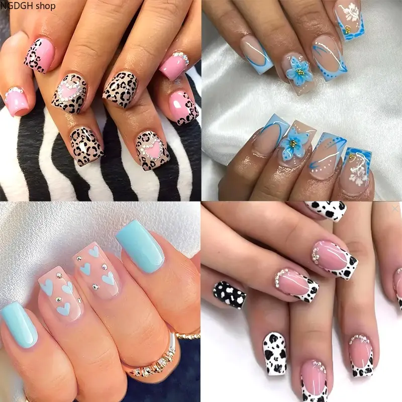 Leopard Nails - Pink Blue Flower Press On Fake Nails, Heart Cow Print Short Medium Nail Art for Women Girls Party Daily