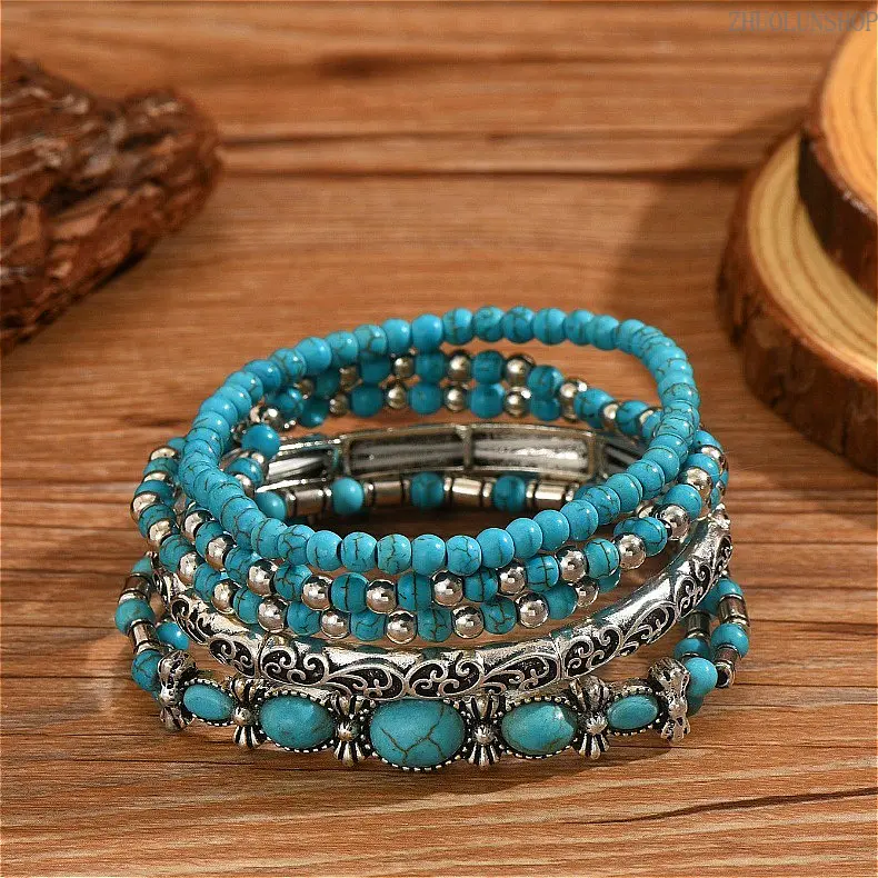 5-Piece Western Cowboy Bracelet Set, Unisex Boho Beaded Jewelry with Turquoise Accents, Elastic Stackable Bands for Daily Wear & Cowboy Themed Party, Beaded Look, Bohemian, Holiday, Vintage, Layered