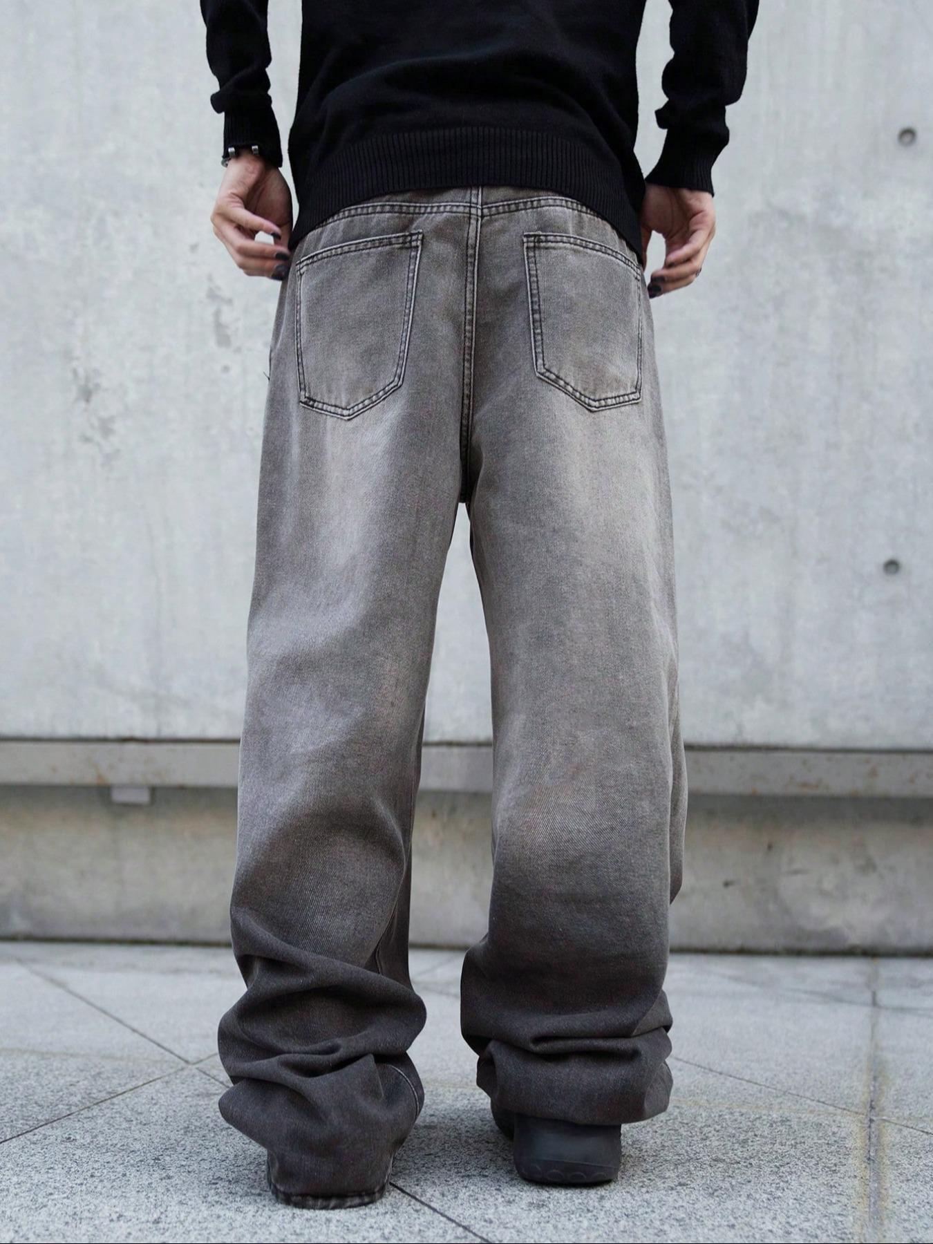 Men's Stylish Loose Wide Leg Denim Streetwear Pants, Side Pockets Denim Trousers for Daily Wear, Casual Street Wear Pocket Design Jeans for All Seasons