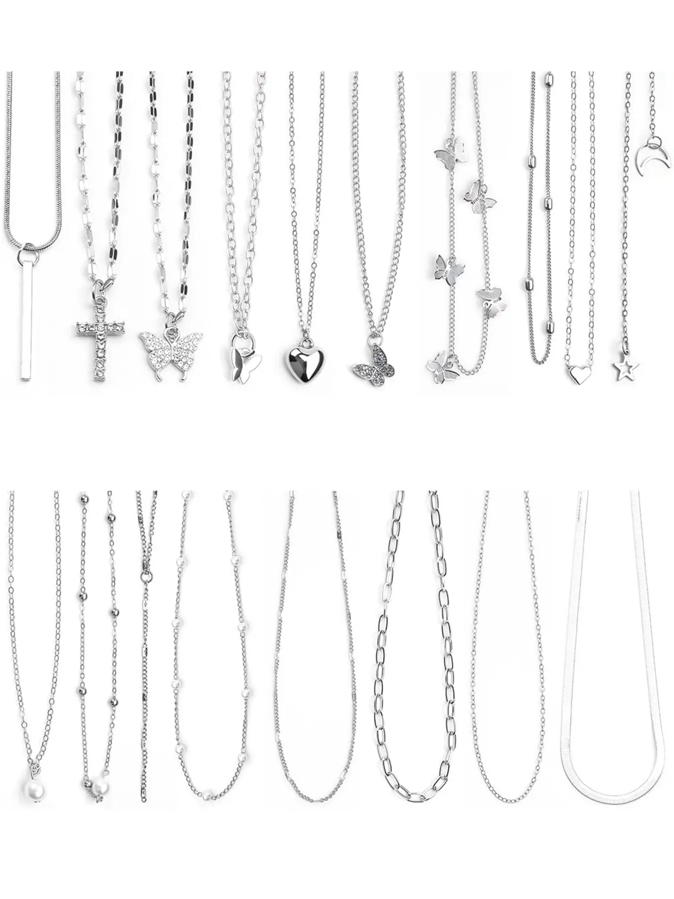 18 Pcs Y2K Alloy Necklace Set, Y2K Jewelry Pack with Cross, Heart, Butterfly, Star, Moon, Pearl Chain Pendants, Emo Necklace Layered Set for Women