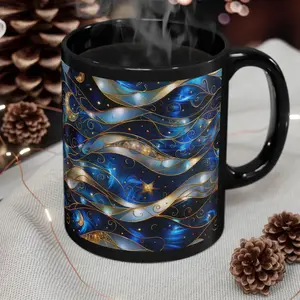 Celestial Stars Moon Stained Glass Black Ceramic Coffee Mug, Magical Heavenly Starry Night Dark Academia Witchcore Teacup, Mystical Astrology Gift For Lunar Witches Book Lovers Birthday Christmas Galentine Gothic Housewarming Present