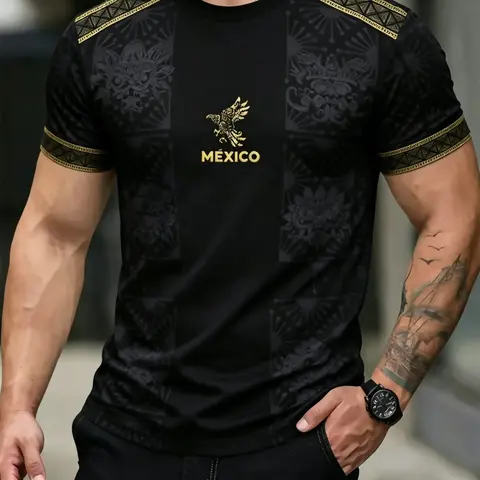 Men's Mexican Eagle Aztec Print Round-Neck Short-Sleeve T-Shirt, Short Sleeved Casual Sport Top, Breathable Summer Street-Style Loose-Fit Sporty Tee, Breathable Sports Shirt