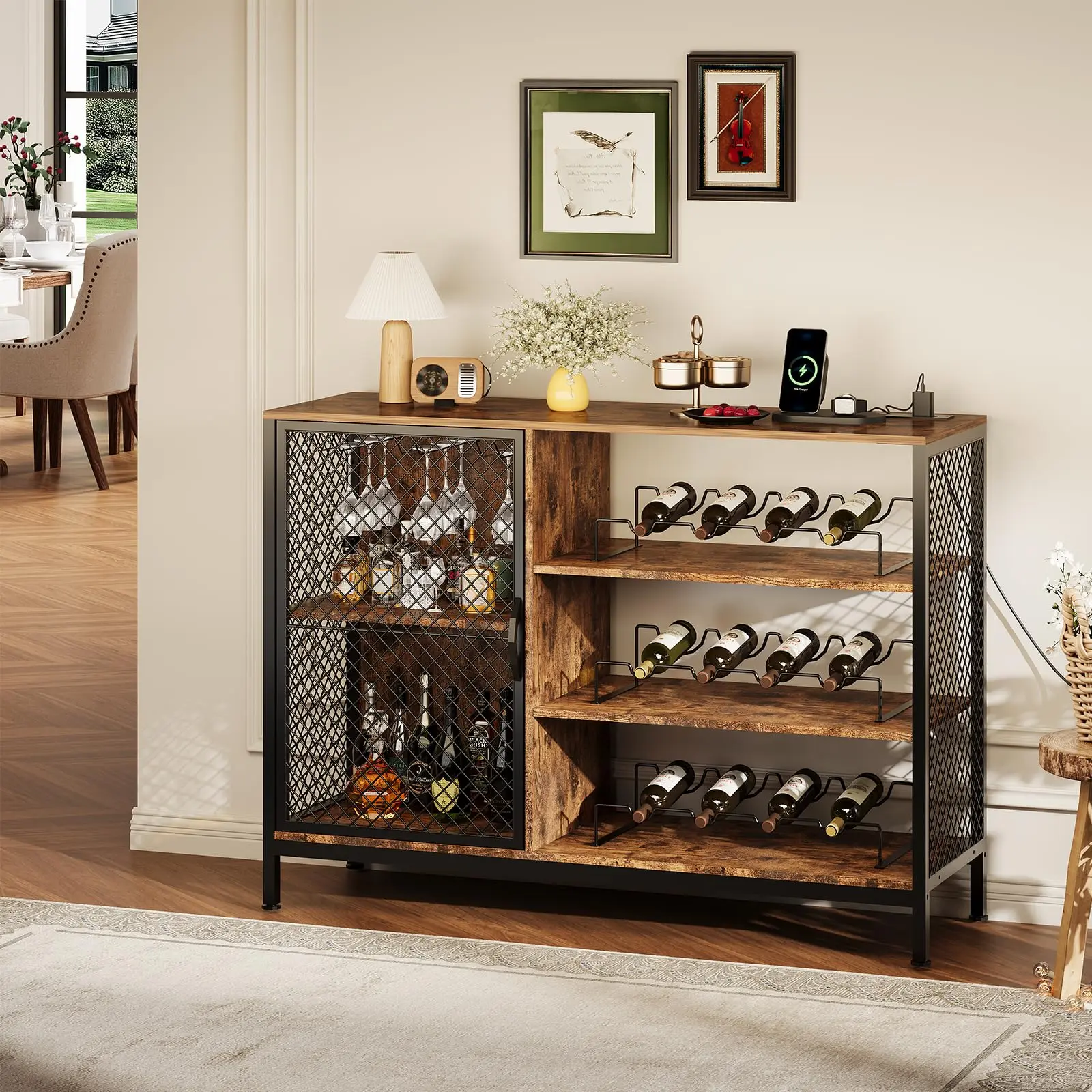 Garvee Rustic Brown Wine Bar Cabinet with LED Lights & Power Outlets – 47" Wood Liquor Storage, Doors, Glass Holders, Shelves, Mini Coffee Bar for Home, Dining, Living Room