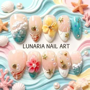 10pcs Handmade Almond Nails, Decorative Nails, 3D Wave Design Press on Nail Set, Salon Grade Glossy Shell Inlay Floral Embossed, Acrylic False Nail Reusable Easy to Wear for Parties, Daily, Nail Kit, Nail Art Tool Wedding Bridal