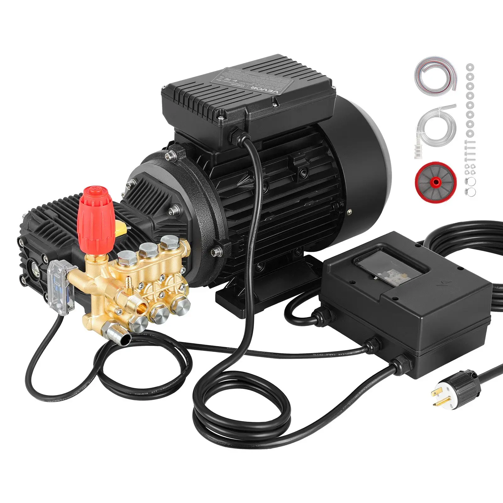 VEVOR Electric Pressure Washer Kit, 1950 PSI, 3.2 GPM, 5 HP 240V Triplex Unit with Adjustable Pressure, Brass Pump Head Fittings, G 3/4"-14 Inlet, M22x1.5 Outlet, 21.46x12.80x11.42 In, Reliable Cleaning for Cars, Exteriors