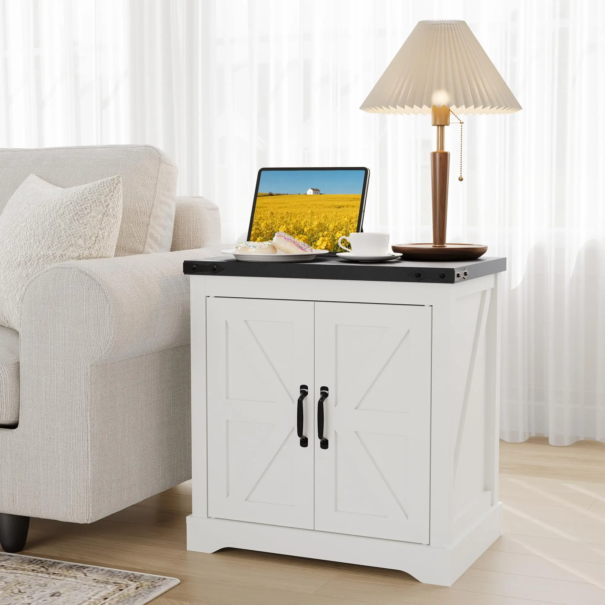 Farmhouse bedside cabinet with USB Charging Station & Power Outlets – 24" White Bedside Table with Sliding Barn Door – Large Storage Cabinet & Adjustable Shelves – Rustic End Table