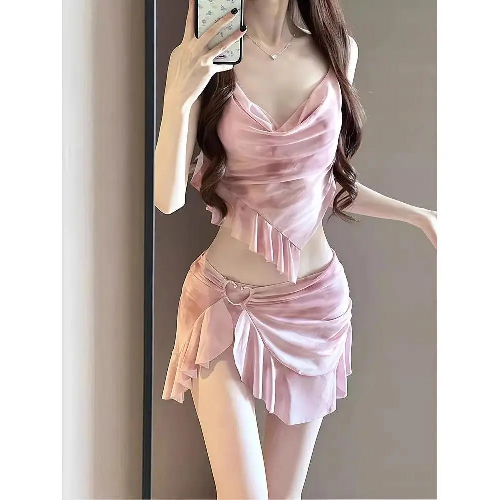 2026 new hot item  Korean Style Bikini Set Women Pink Gradient Ruffles Push Up Mesh Skirt 3 Piece Swimsuit Summer Bathing Suit Holiday Swimwear