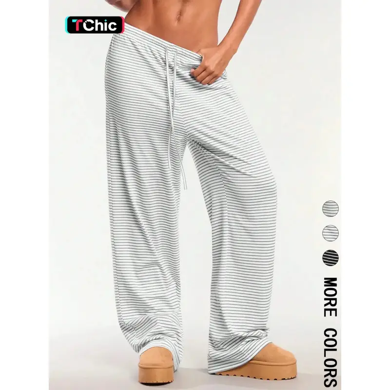 Women's Striped Knit Pants with Drawstring Waist, Casual Wide Leg All-Season Loungewear in Standard Sizes, Cold Wash, All Seasons