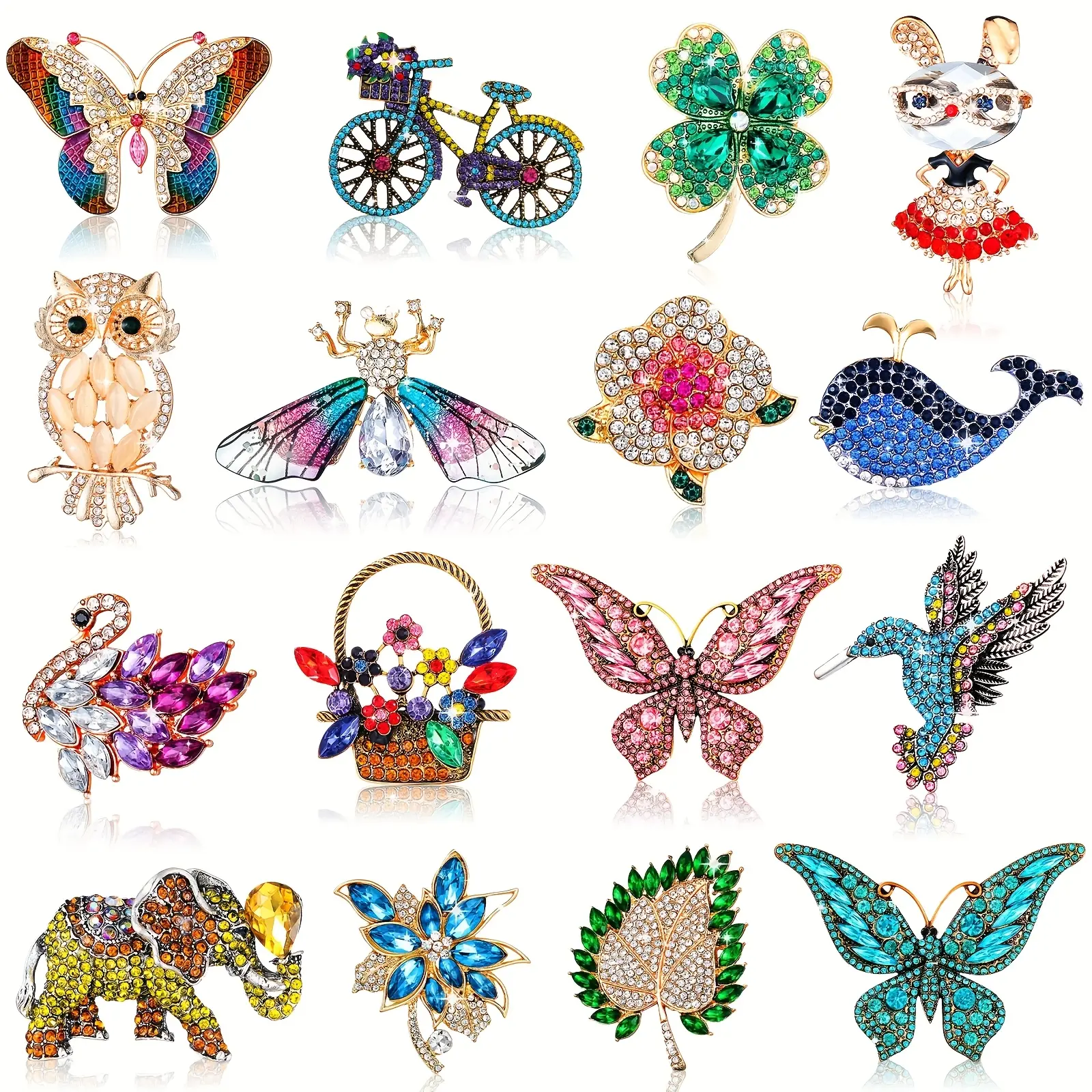 Rhinestone Women Brooch Set Vintage Animal Insect Plant Pins Brooches 16pcs Bulk for Women Christmas Gifts