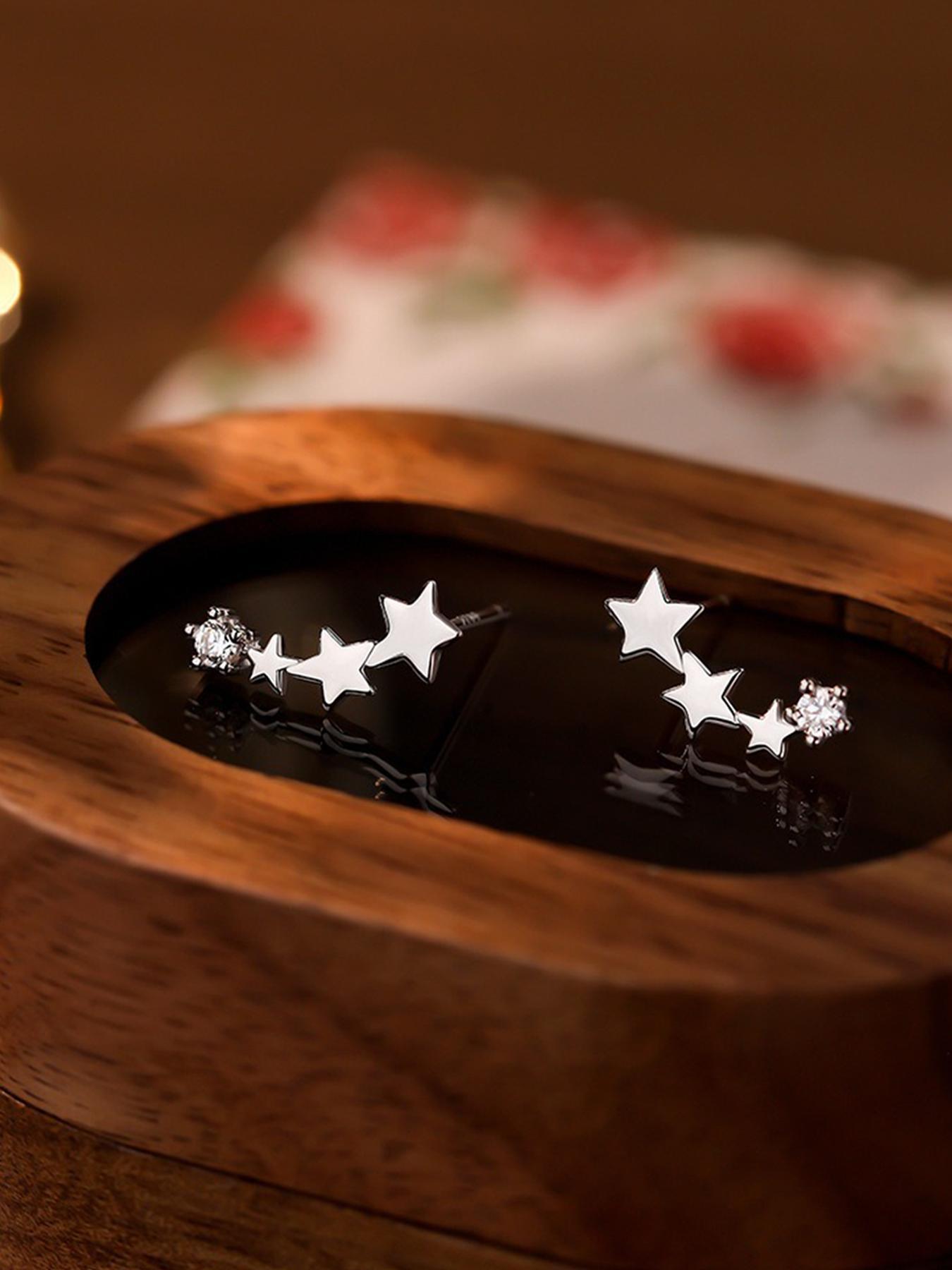 S925 Sterling Silver Stars Design Pretty Studs Earrings, High Quality Earrings, Gifts for Girlfriend, Gifts for Her, Fashionable Earrings for Women & Girls, Trendy All-match & Exquisite Jewelry for Birthday Gift, Elegant Minimalist Earrings