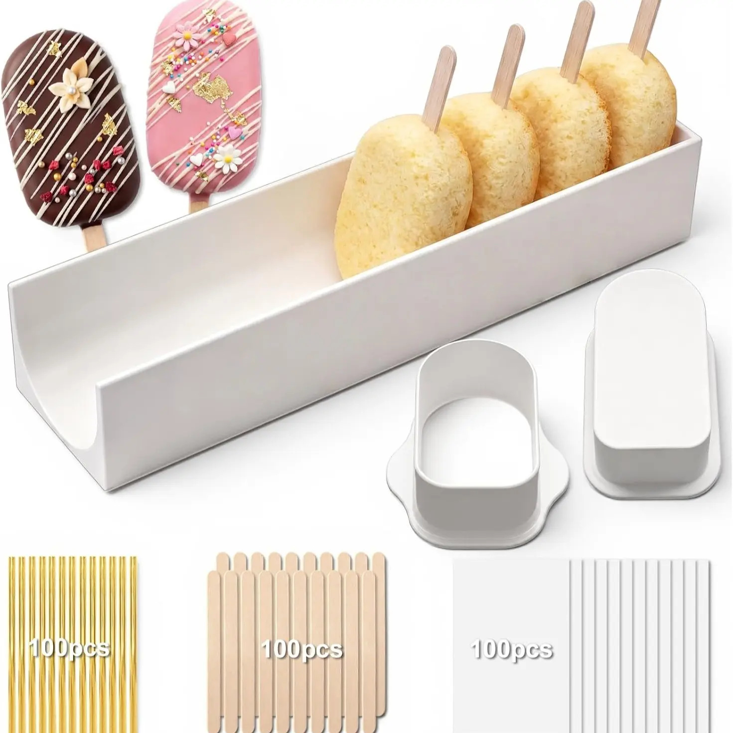 3in Cakesicle Cutter with 9in Tray, cake mold, Cakesicle Mold Set with 100 Sticks, 100 Bags and 100 Ribbons, Baking Tools for Home Baking, Birthday Parties, Wedding Desserts