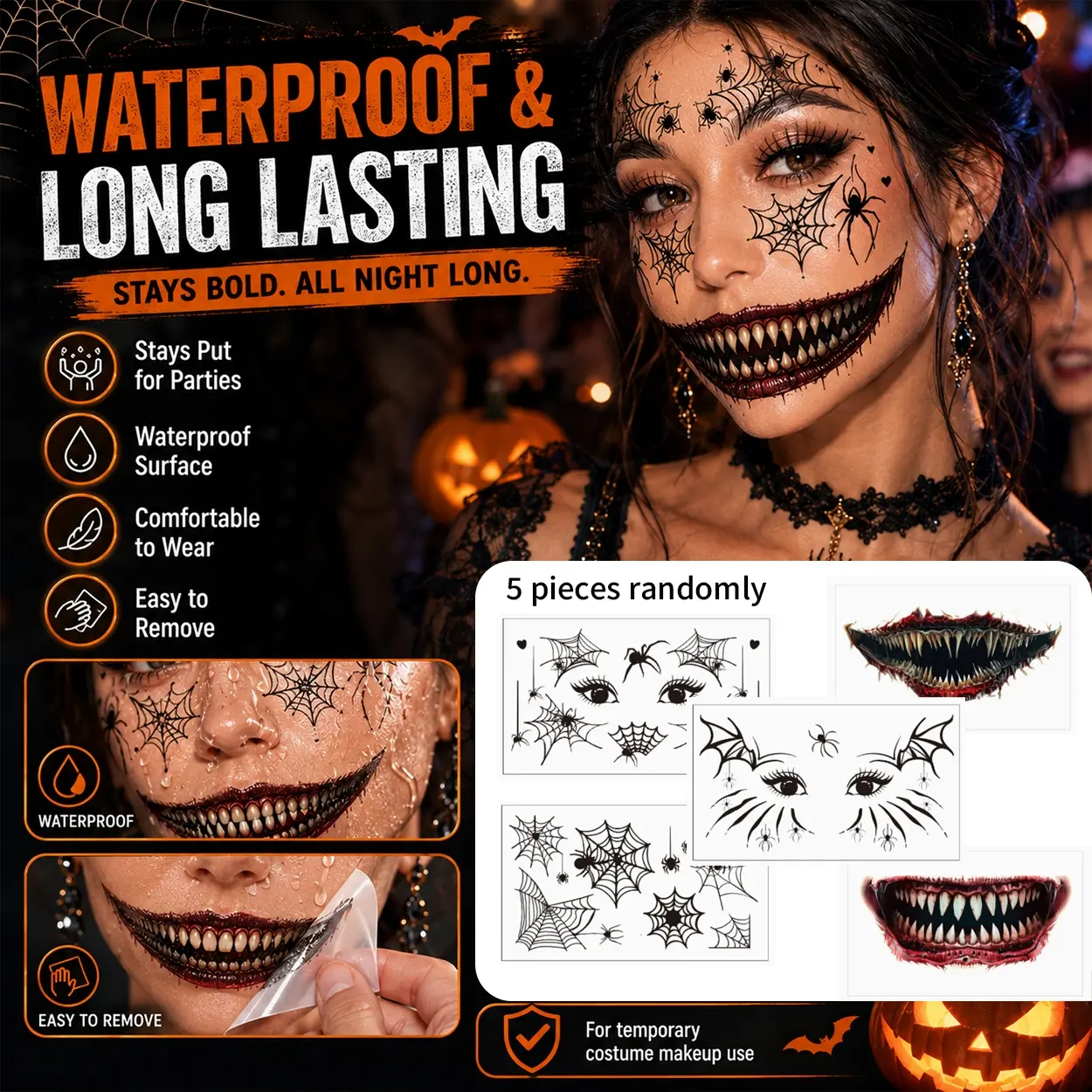 5pcs Halloween Face and Mouth Tattoo Stickers, Spider Web Bat Skull Eyeliner Eyeshadow Temporary Tattoos, Waterproof Sweatproof Makeup Decals for Women, Horror Cosplay, Masquerade, Costume Party, Festival and Photo Booth Looks
