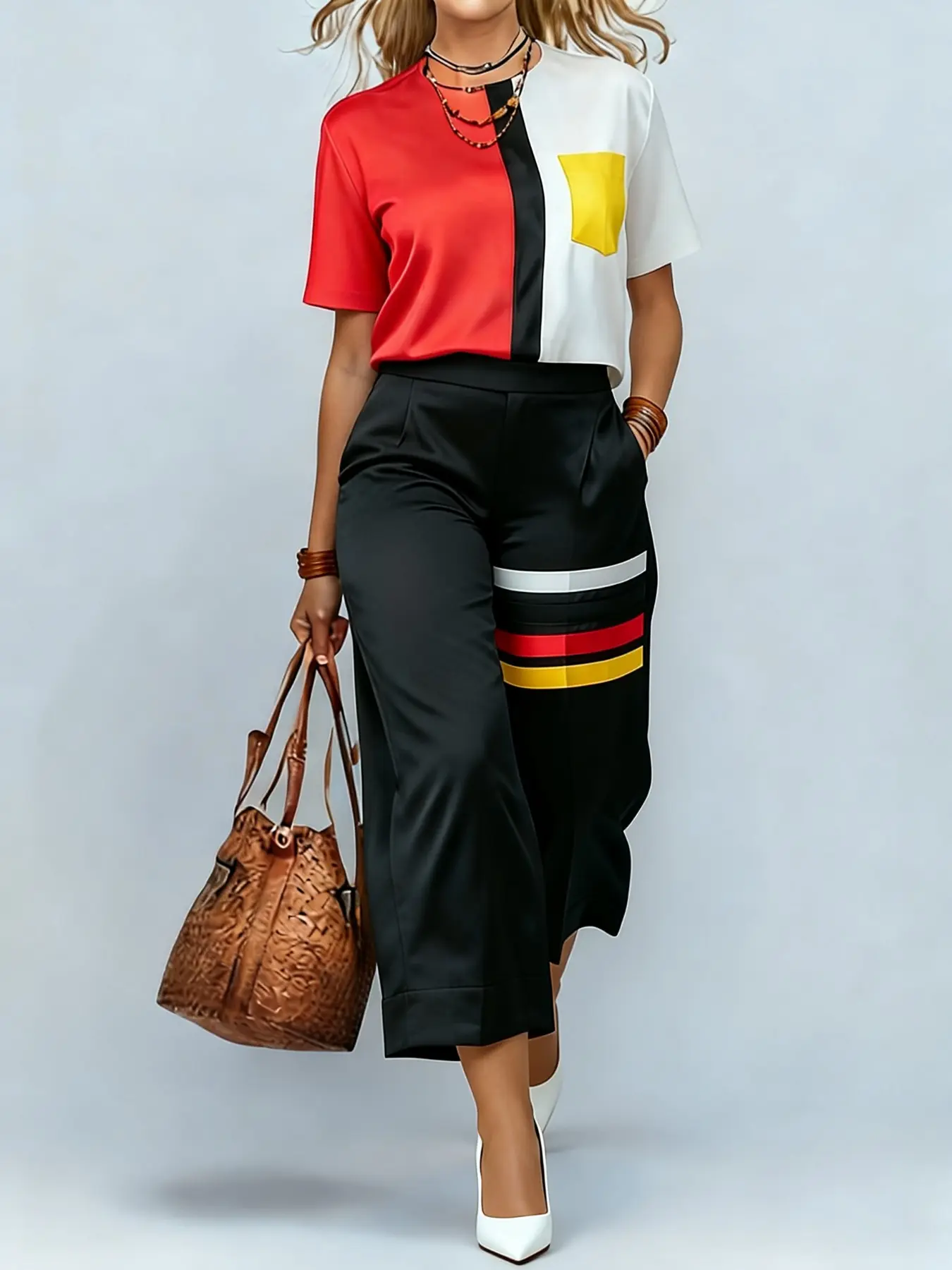 Elegant Satin Geometric Colorblock Round Neck Short Sleeve Top with Straight Leg Pants, Women's Two-Piece Set, Casual Fashionable Ladies