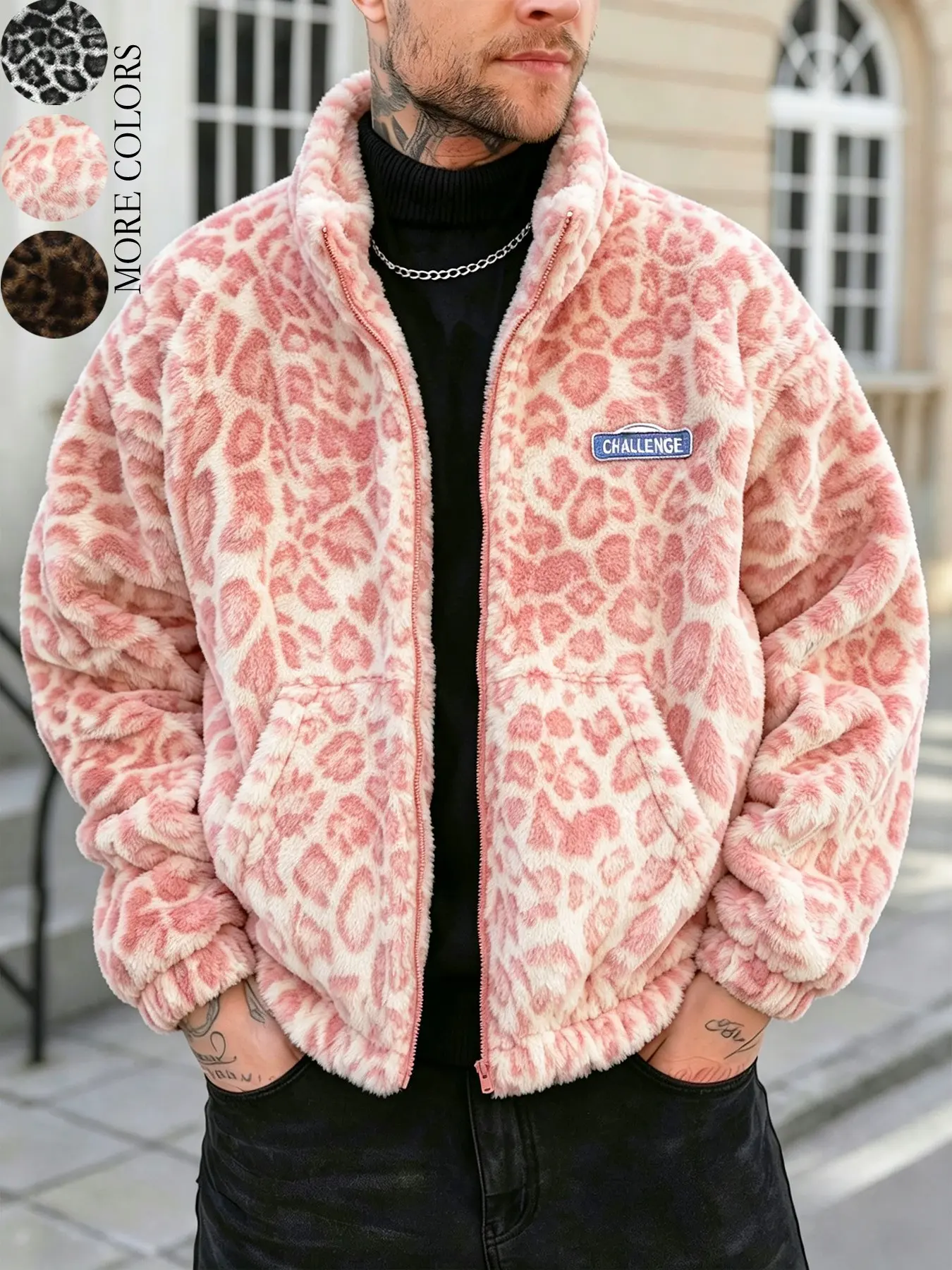 Unisex design in Y2K style, Full-body plush leopard print and letter emblem pattern, Autumn and winter fleece-lined, warm jacket/outerwear, Fall jackets, Perfect for streetwear, Y2K fashion, men's gifts, couples' outfits
