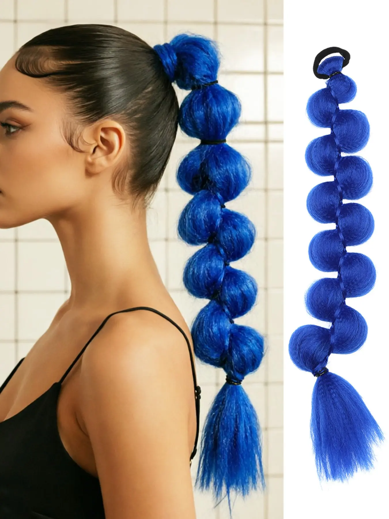 Royal Blue 18-inch smooth wrap-around lantern-style ponytail extension with an elastic hair tie; made of high-temperature synthetic fiber. Easily create a stylish ponytail; suitable for daily wear, gatherings, parties, cosplay, and carnivals.