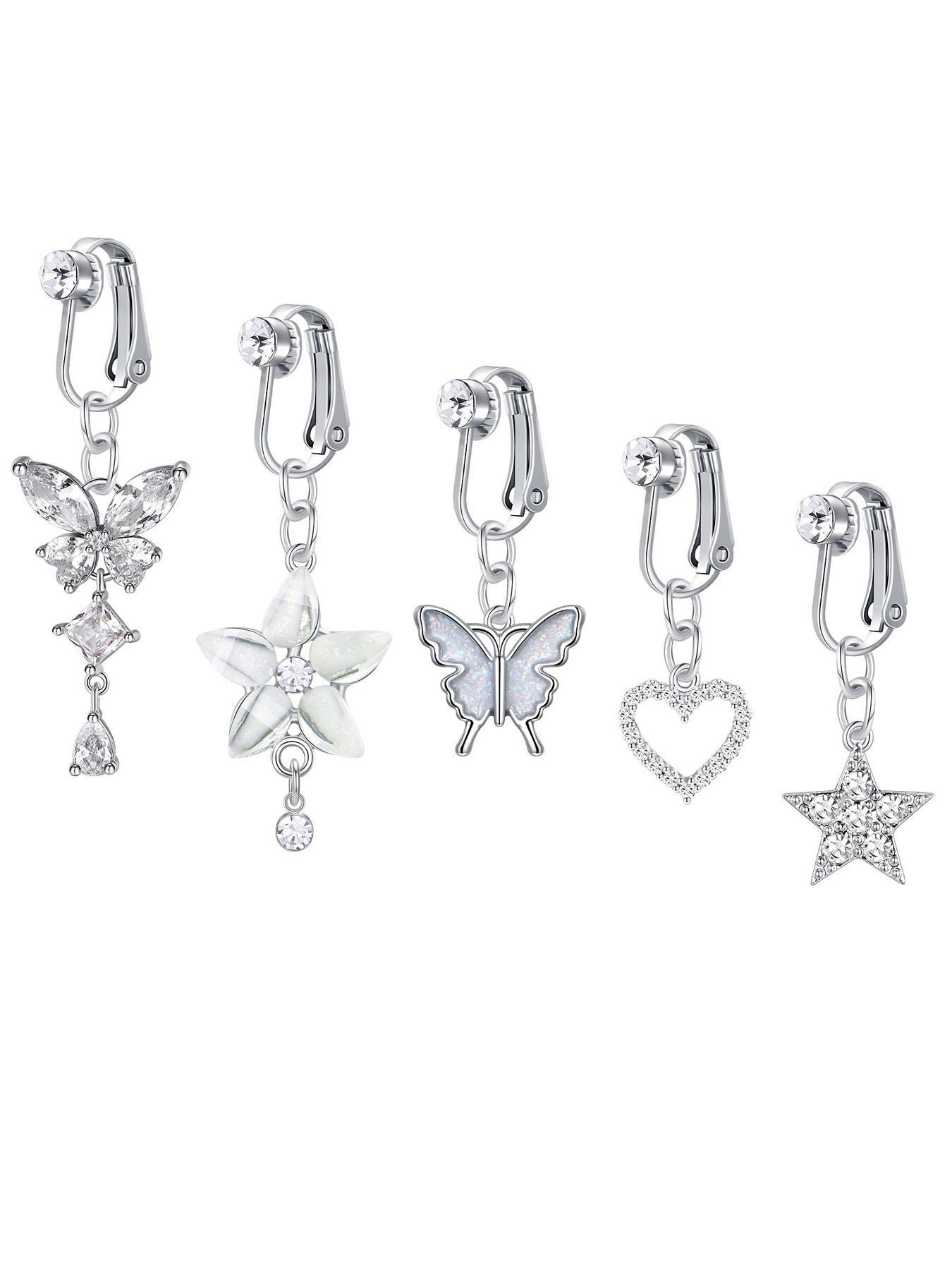 Rhinestone & Butterfly Decor Non-piercing Clip Belly Piercing Belly Button Rings, 5counts Belly Piercing Jewelry for Party, Daily Clothing Decor for Girl, As Birthday Gift for Back To School