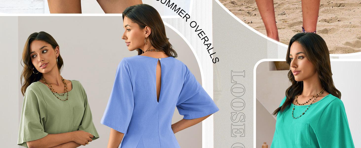 Imily Bela  Rompers for Women 2025 Spring Outfits Summer Casual Short Sleeve Crew Neck Loose Jumpsuits with Pocke