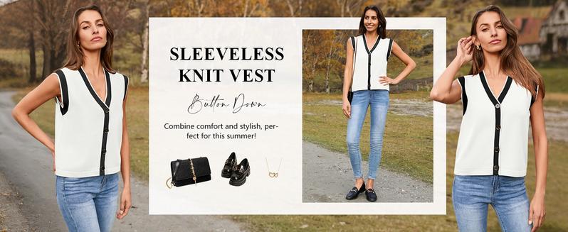 Goranbon Womens V Neck Sweater Vest Button Down Cap Sleeve Summer Trendy Color Block Loose Knit Tank Tops