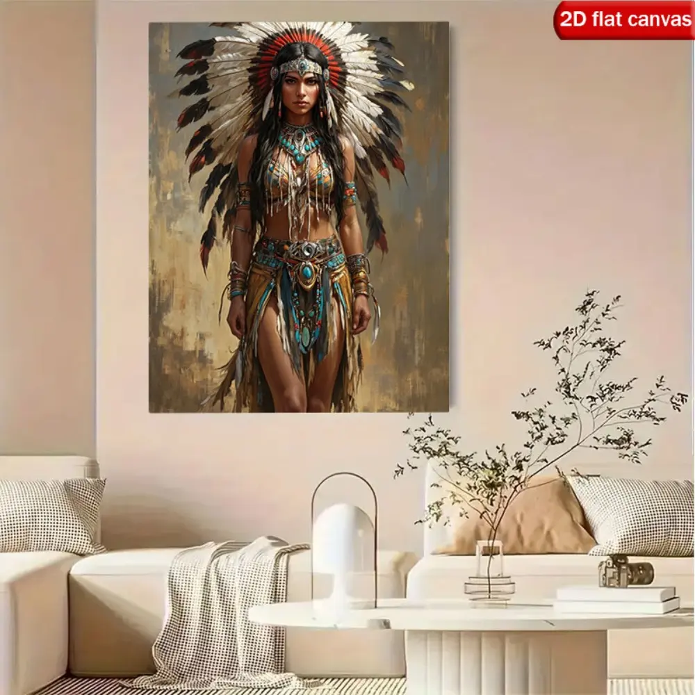 [2D Flat] 1 Piece Waterproof Native American Tribal Woman Canvas Wall Art - Rustic Wooden Framed Artwork, Vibrant Colors, Textured Feather Headdress, Traditional Clothing, Easy Hanging Hook, Ideal for Farmhouse Living Room, Christmas Gift, Water Proof