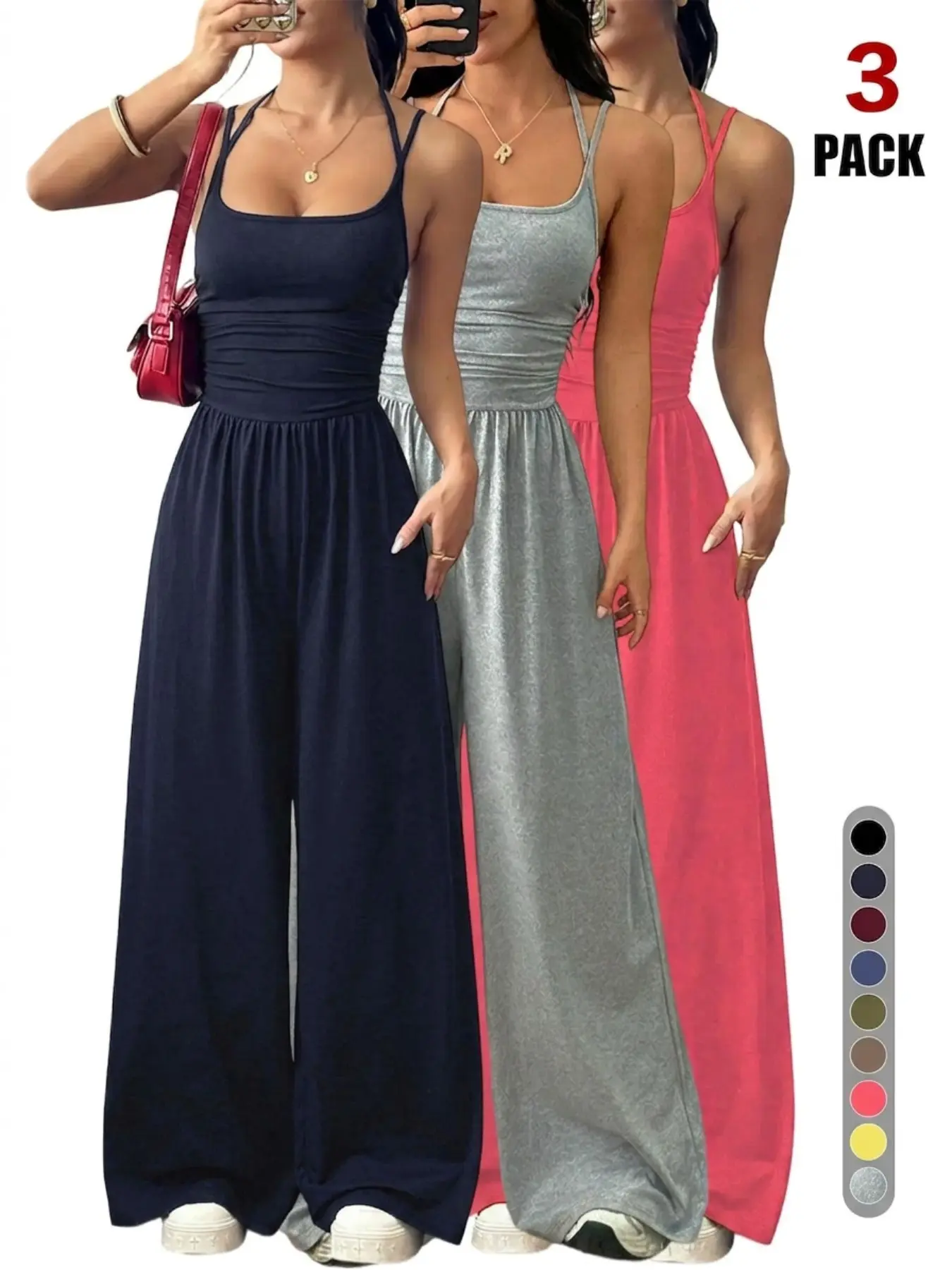 1/2/3 Counts Women's Spaghetti Strap Sleeveless Wide Leg Jumpsuit, Casual Loose Fit Romper One Piece Outfit, Comfy Lounge Wear for Summer Vacation, Travel & Everyday Style，Womenswear 2026