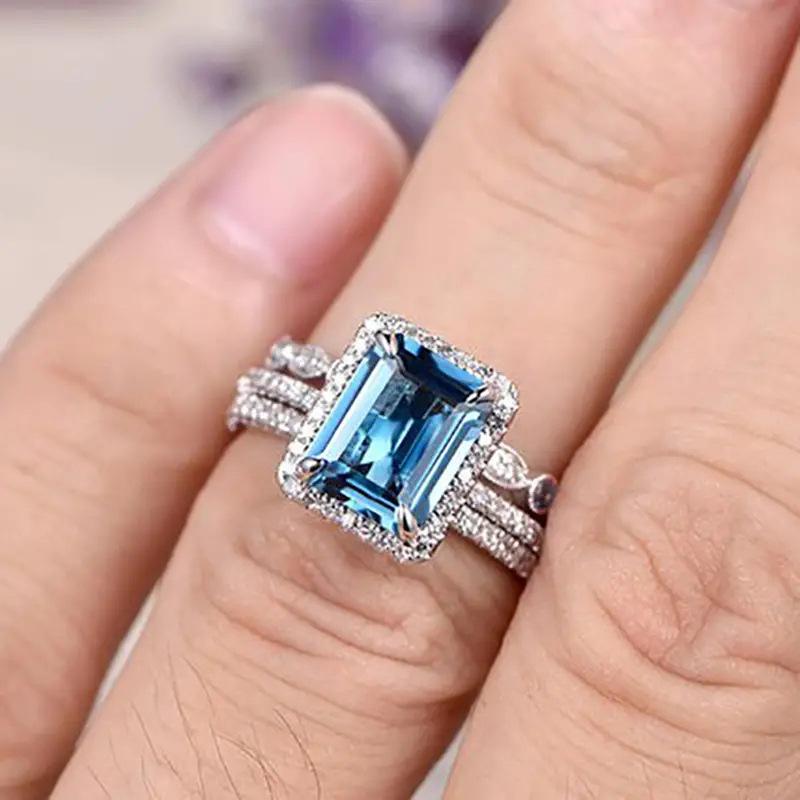 3-Piece Stackable Ring Set for Women, 925 Sterling Silver Emerald-Cut Ocean Blue Zircon with Pavé Cubic Zirconia Halo, Luxury Bridal Wedding Band Set, Hypoallergenic Statement Jewelry for Engagement Anniversary Party Daily Wear