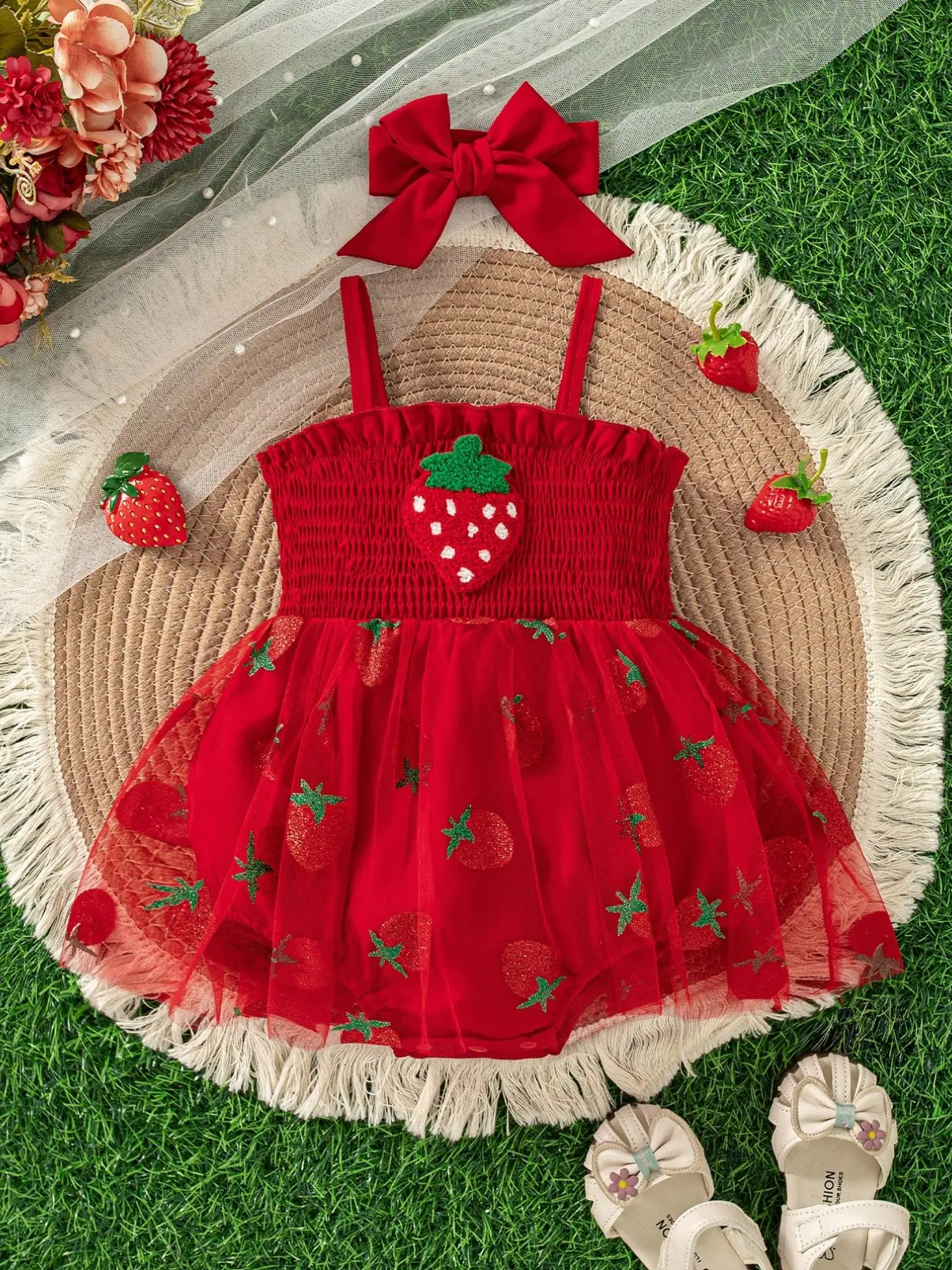 Baby Girls Sweet Strapless Jumpsuit Set, Strawberry Print Mesh Skirt, Bow Headband, Casual Daily, Cute Style