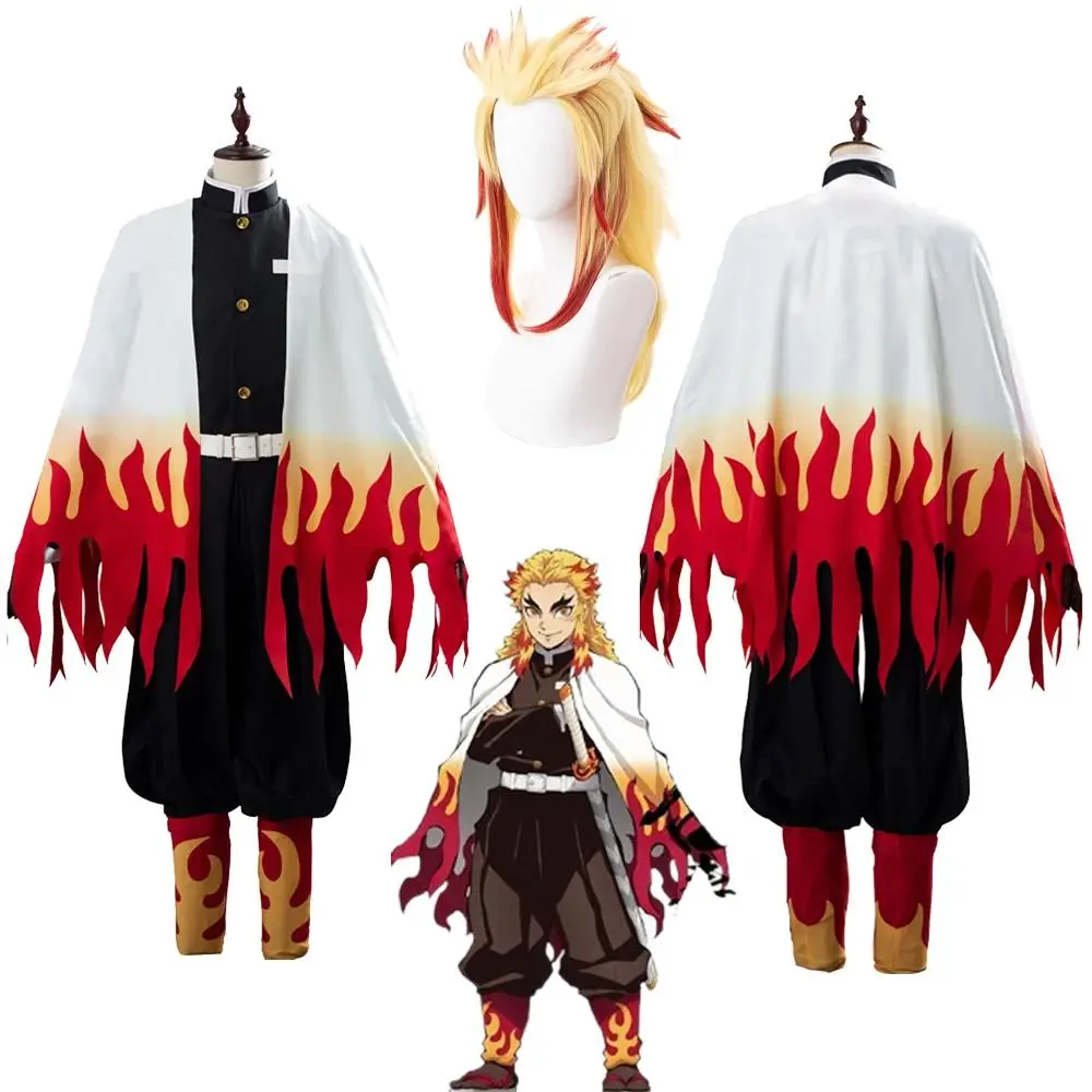 Rengoku Kyoujurou Demon Slayer Anime Cosplay Set Pack for Adult Men, Includes Wig & Outfit, Halloween Party Roleplay Clothes, Spandex Blend