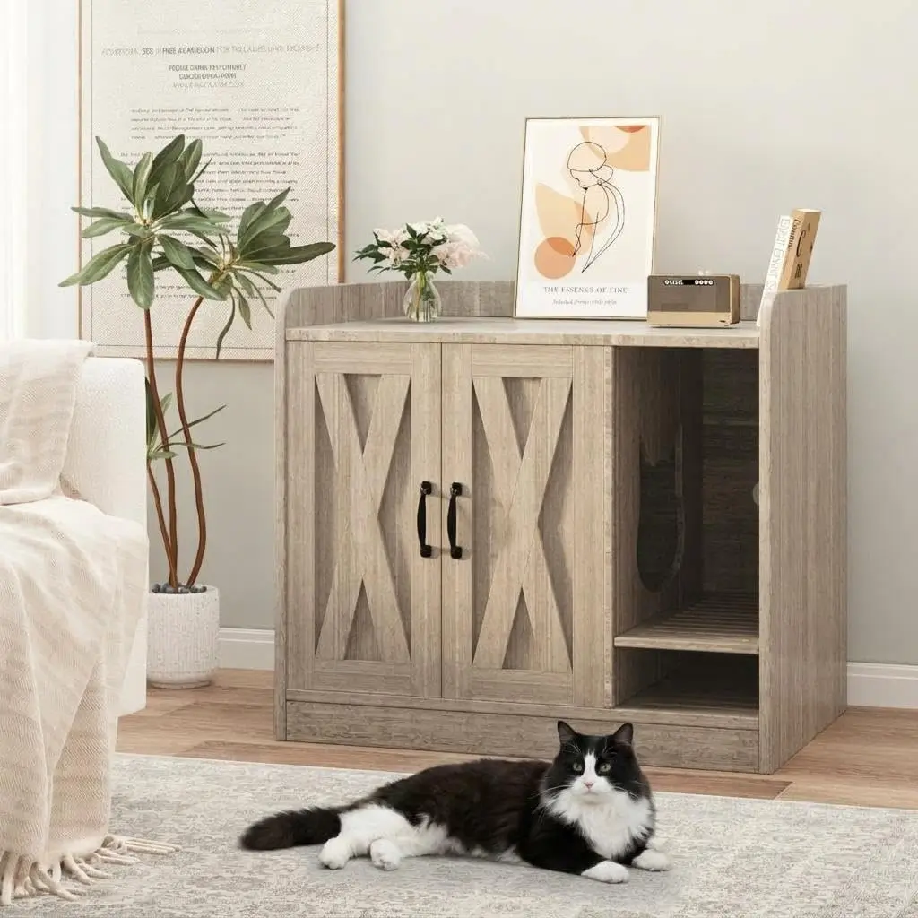 2-Cat Litter Box Furniture – Wooden Hidden Cabinet with Divider & Scratch-Proof Mat – Storage Bench/Side Table – 33"×23.6"×23.9"