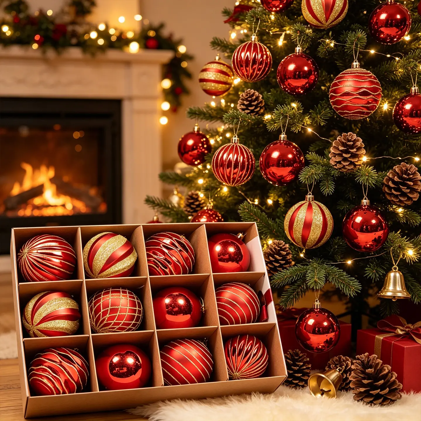 12pcs 8cm Luxury Gold Christmas Decorative Balls, Matte Glossy Mixed Round Ornaments, Holiday Home Decoration, Tree Hanging Ornament, Plastic Hanging Decor