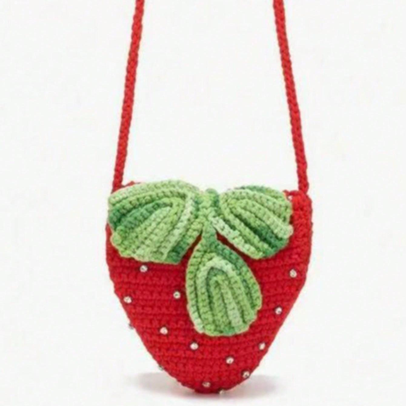 Handmade Creative Crochet Strawberry Handbag With Rhinestones, Cute Mini Purse Crossbodybag stylish Crossbody Shoulderbag Student Bag Perfect for Everyday Outings
