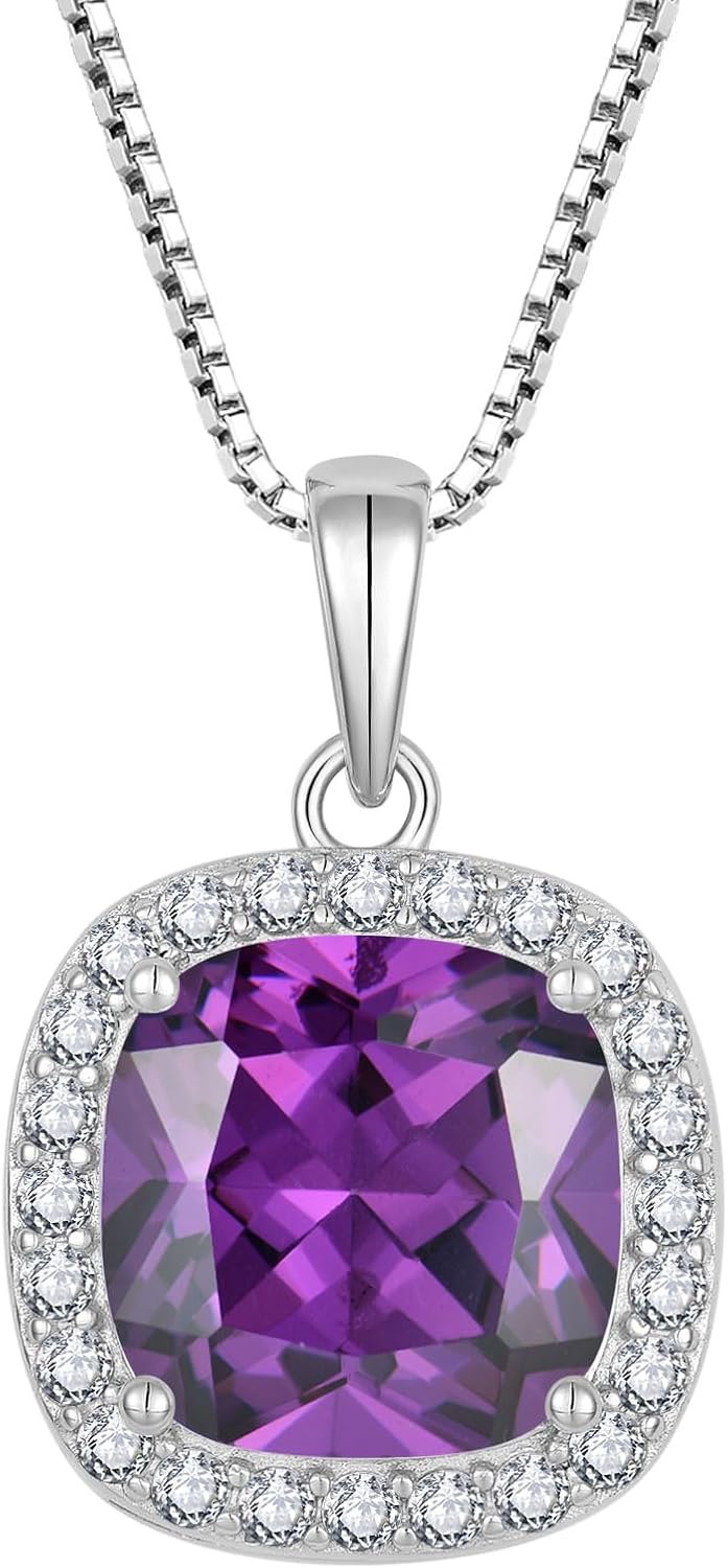 Birthstone Necklace for Women 925 Sterling Silver Princess Cut Halo Necklace Pendant Jewelry Gifts for Her Birthstone Necklace for Women 925 Sterling Silver Princess Cut Halo Necklace Pendant Jewelry Gifts for Her