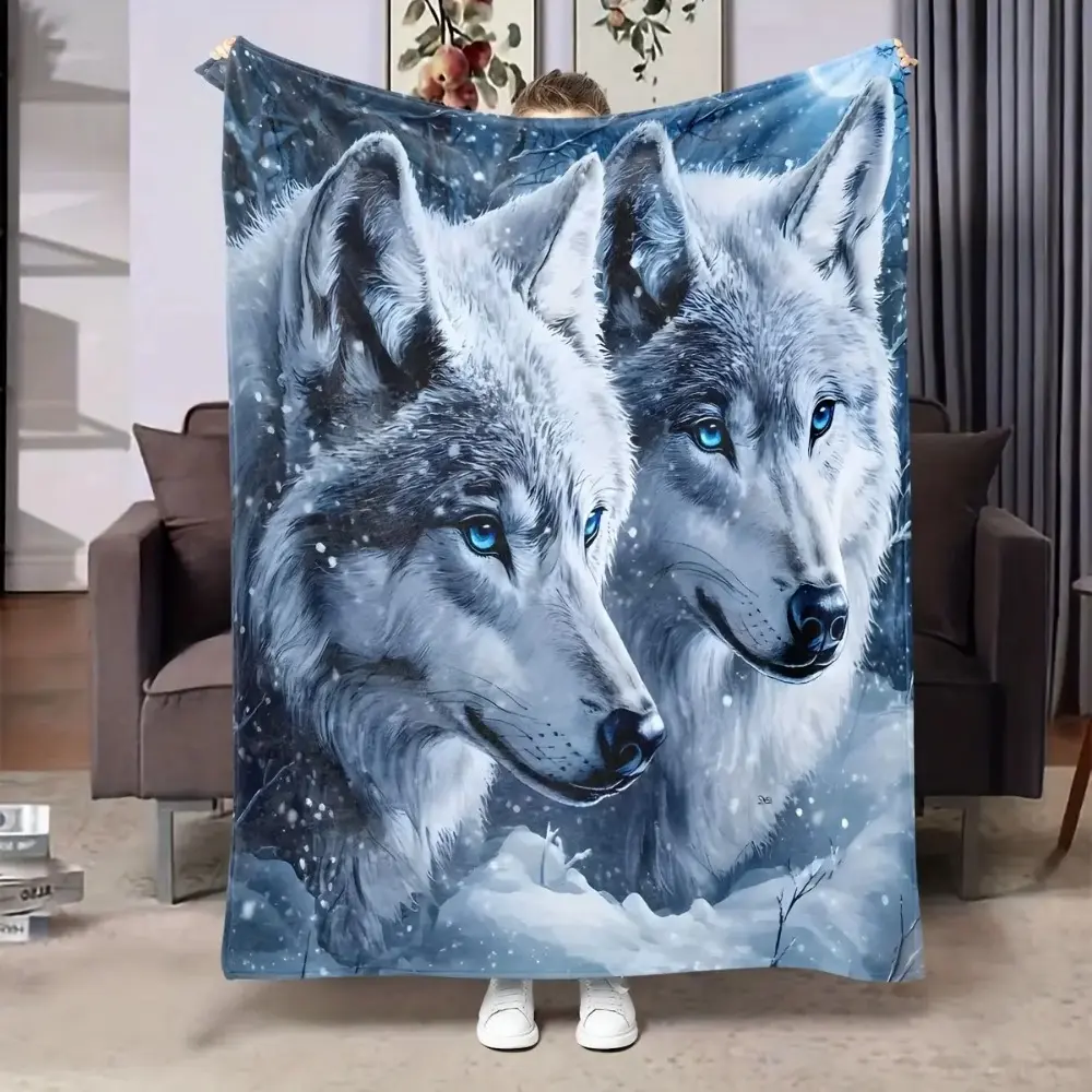 High-Density Fuzzy Flannel Wolf Blanket - Adult, Cooling, Snow White Blue-Eyed Wolves Animal Theme, Durable, Fade-Resistant, Foldable, Soft Sofa Bed Throw, Home Decor, Daily Gifting for Teens, General Use for Adults