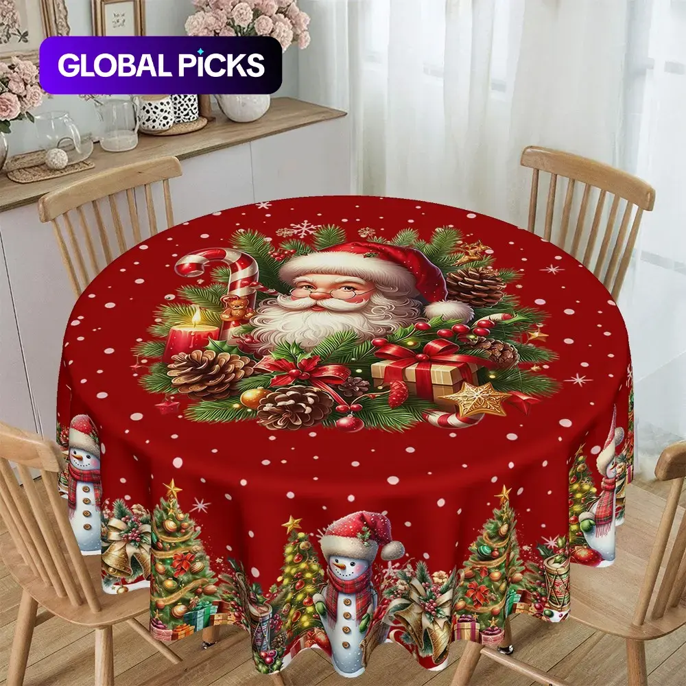 Gorgeous Christmas Round Tablecloth, Santa Claus & Snowman Print, 120gsm Twill Polyester Table Cover, Winter Holiday Party Decoration for Home, Kitchen, Dining, Restaurant, Banquet #GLOBAL PICKS