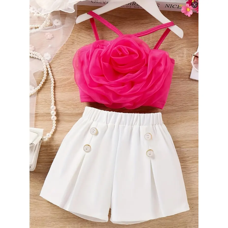 2Pcs Girls Summer Outfit Set, 3D Rose Flower Crisscross Spaghetti Strap Crop Cami Top & Elastic Waist Button Decor Pleated Shorts Kids Casual Matching Suit
