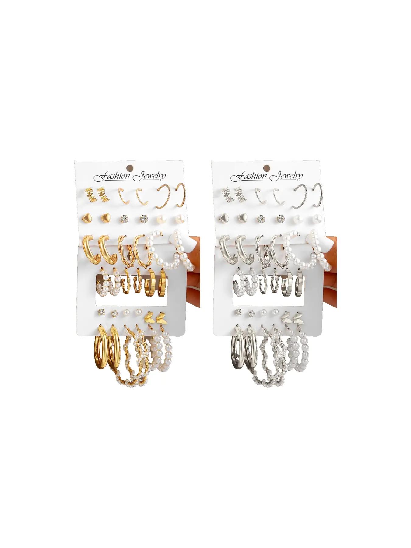 Mixed Shape Elegant Rhinestone & Faux Pearl Decor Dangle Earrings Set, Fall Geometry Hoop Earrings Set, Fashion Vintage Jewelry for Women & Girls for Back To School, Fall Freshness, Girlfriend Gifts