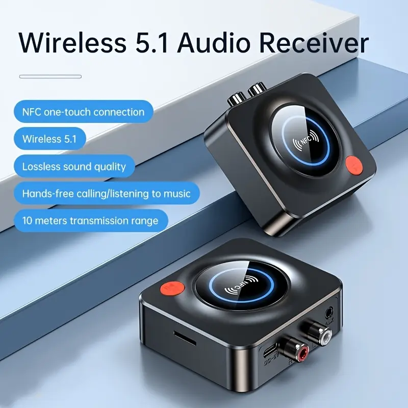 Wireless 5.1 Receiver with NFC, TF Card Slot, MP3 Player, 3.5Mm AUX/RCA, Wireless Audio Adapter Low Latency, Wireless Car Receiver, Suitable for Home Speakers, Car Audio, Etc